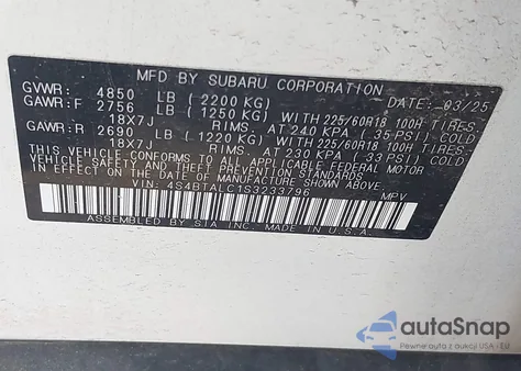 2025 Subaru Outback Onyx Edition z USA, uszkodzony, nr VIN 4S4BTALC1S3233796